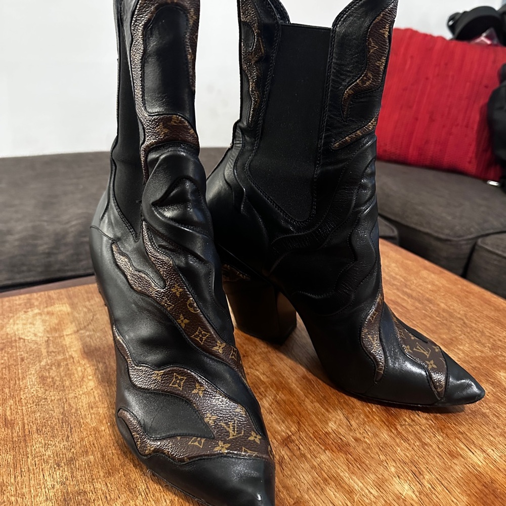 Louis Vuitton Calfskin Monogram Fireball Women's Black and Brown Boots